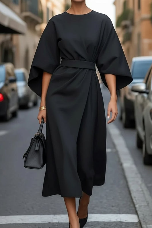 Hannah | Elegante dames midi cocktailjurk met lampionmouwen en ceintuur
