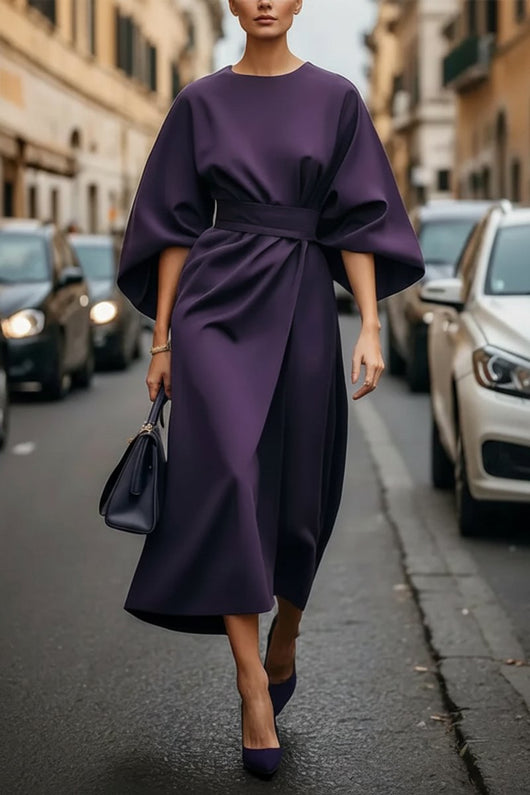 Hannah | Elegante dames midi cocktailjurk met lampionmouwen en ceintuur