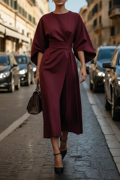 Hannah | Elegante dames midi cocktailjurk met lampionmouwen en ceintuur
