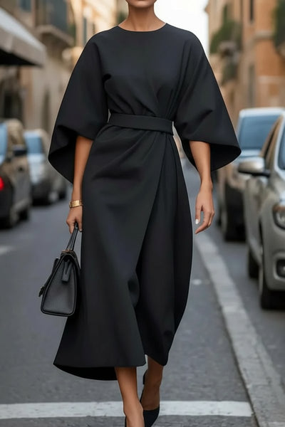 Hannah | Elegante dames midi cocktailjurk met lampionmouwen en ceintuur