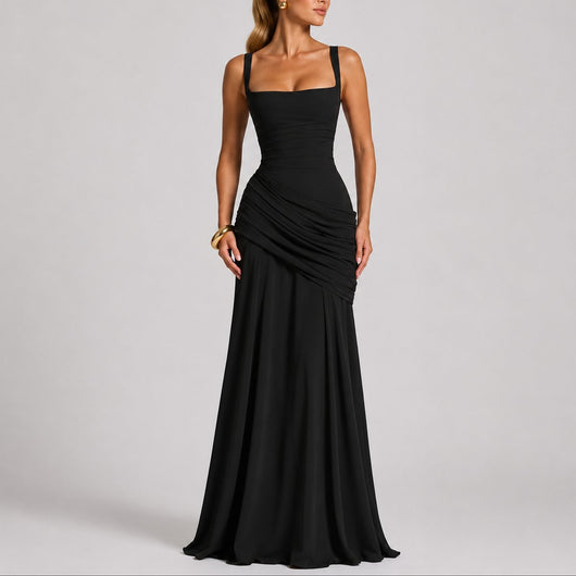 Johanna | Elegante gerimpelde dames maxi-avondjurk met vierkante hals