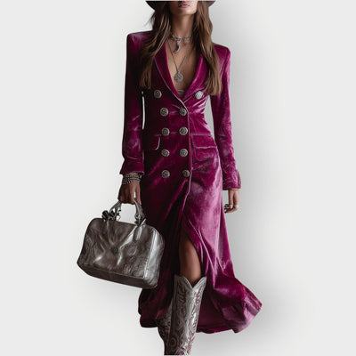 Leonie | Elegante dames maxi-avondjurk van fluweel met dubbele knoopsluiting