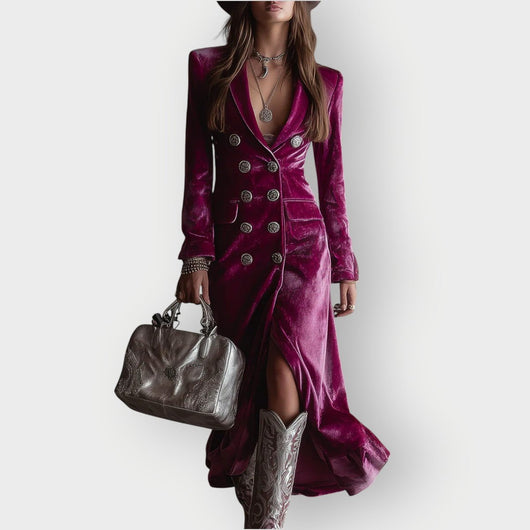 Leonie | Elegante dames maxi-avondjurk van fluweel met dubbele knoopsluiting