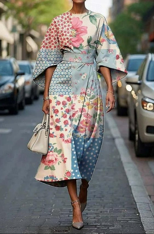 Nora | Elegante getailleerde dames midi-jurk met kimonomouwen