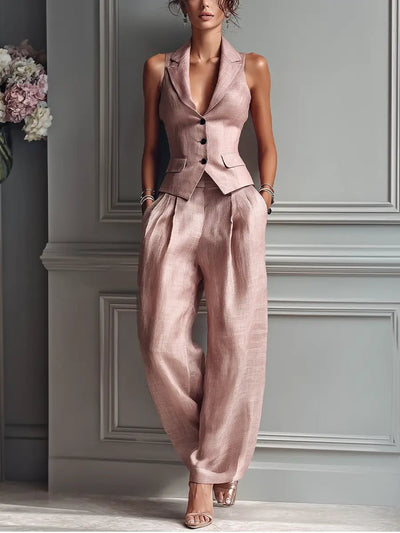 Frieda | Elegante dames tweedelige set met gilet en wijde broek in linnenlook