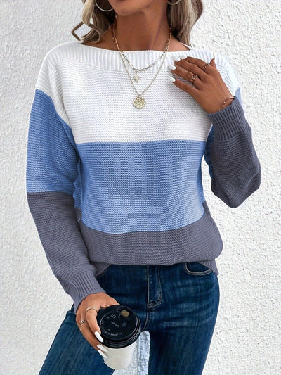 Frieda | Dames gebreide trui met colourblock, ronde hals en lange mouwen