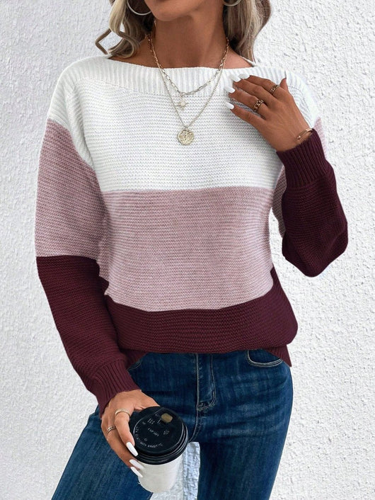 Frieda | Dames gebreide trui met colourblock, ronde hals en lange mouwen