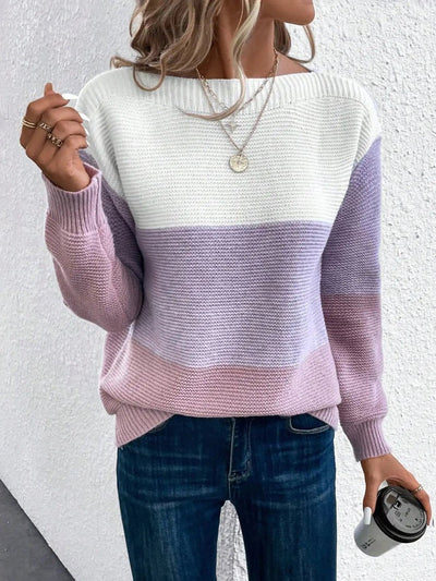 Frieda | Dames gebreide trui met colourblock, ronde hals en lange mouwen