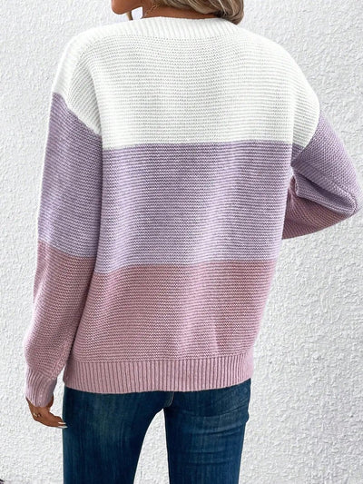 Frieda | Dames gebreide trui met colourblock, ronde hals en lange mouwen