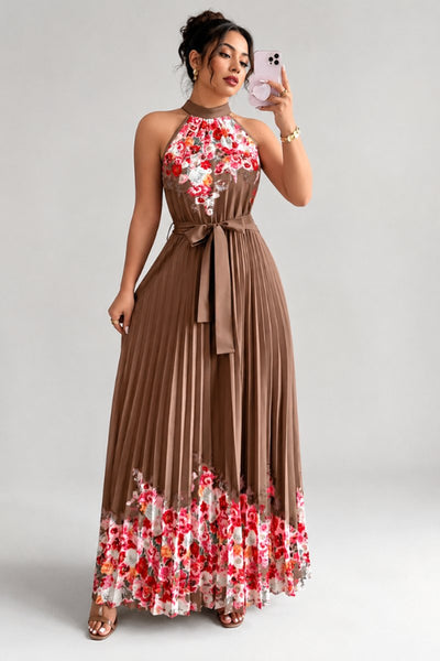 Emilia | Dames midijurk met plissérok, halterhals en bloemendessin