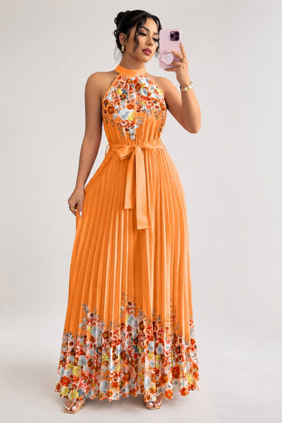 Emilia | Dames midijurk met plissérok, halterhals en bloemendessin