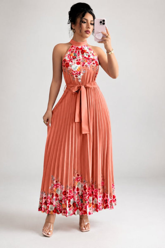 Emilia | Dames midijurk met plissérok, halterhals en bloemendessin