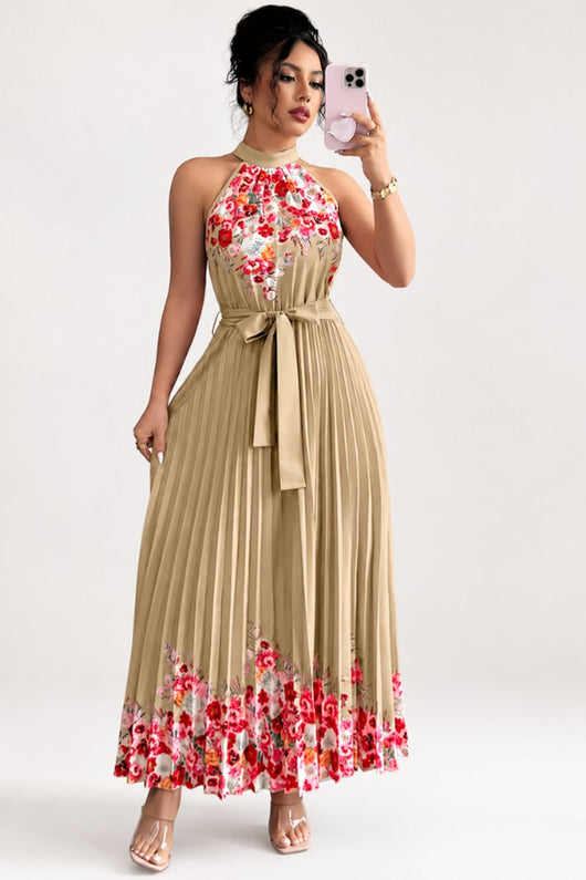 Emilia | Dames midijurk met plissérok, halterhals en bloemendessin