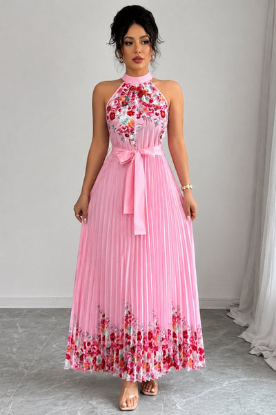 Emilia | Dames midijurk met plissérok, halterhals en bloemendessin