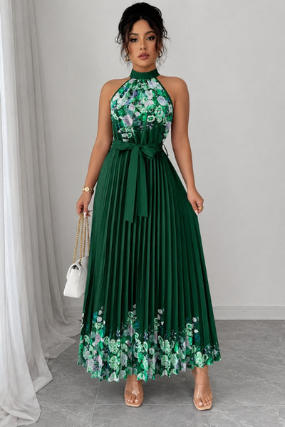 Emilia | Dames midijurk met plissérok, halterhals en bloemendessin