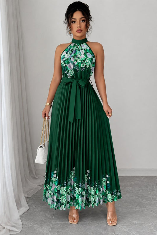 Emilia | Dames midijurk met plissérok, halterhals en bloemendessin