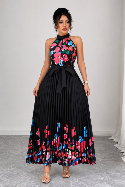 Emilia | Dames midijurk met plissérok, halterhals en bloemendessin