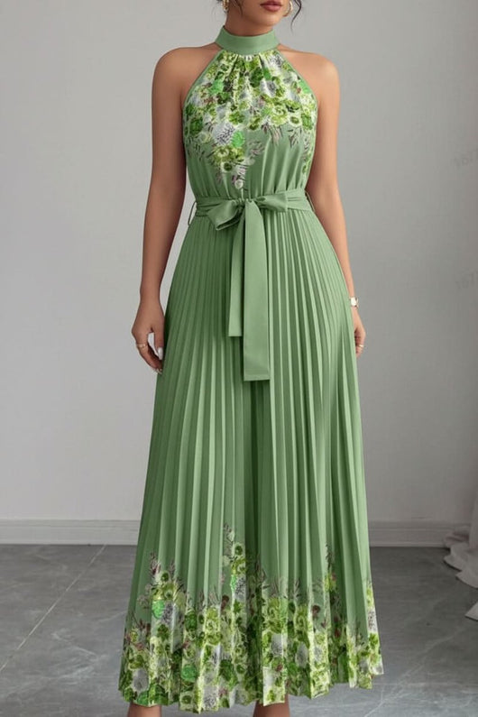 Emilia | Dames midijurk met plissérok, halterhals en bloemendessin