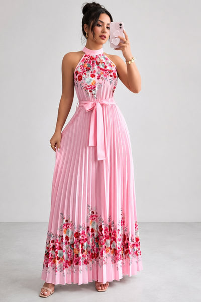 Emilia | Dames midijurk met plissérok, halterhals en bloemendessin