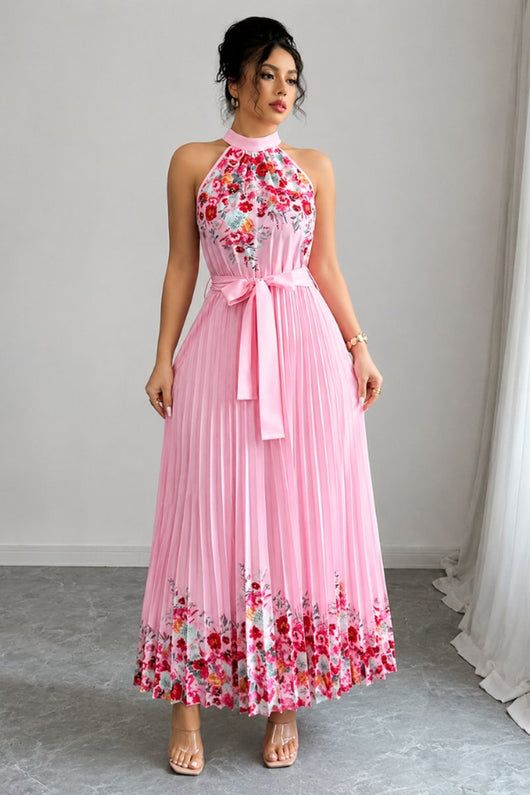 Emilia | Dames midijurk met plissérok, halterhals en bloemendessin