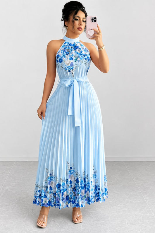 Emilia | Dames midijurk met plissérok, halterhals en bloemendessin