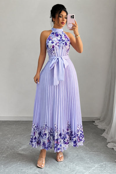Emilia | Dames midijurk met plissérok, halterhals en bloemendessin