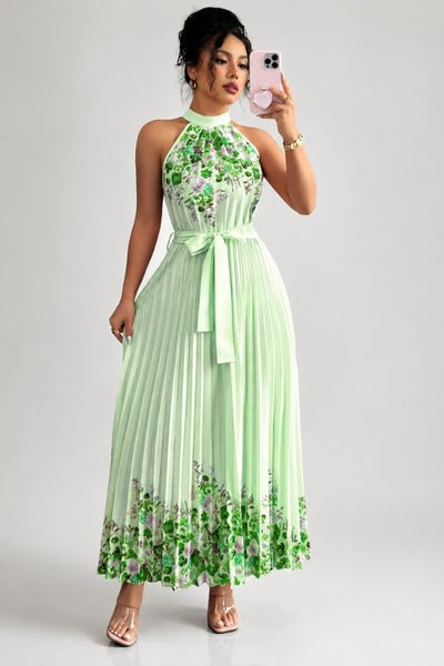 Emilia | Dames midijurk met plissérok, halterhals en bloemendessin