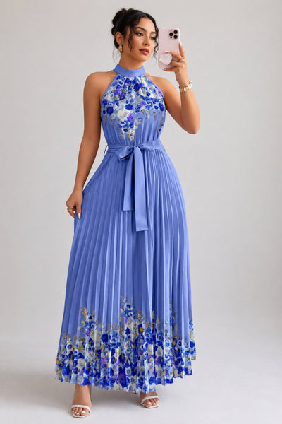 Emilia | Dames midijurk met plissérok, halterhals en bloemendessin