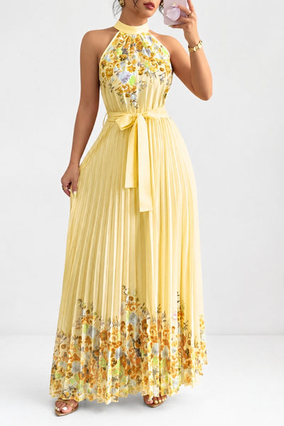 Emilia | Dames midijurk met plissérok, halterhals en bloemendessin