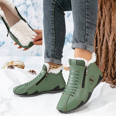 Frieda | Gevoerde dames winterlaarsjes in leerlook met rits en brede neus