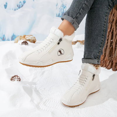 Frieda | Gevoerde dames winterlaarsjes in leerlook met rits en brede neus