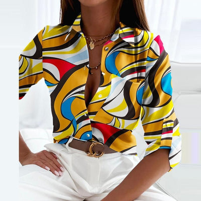 Marie | Dames blouse met geometrisch motief en klassieke kraag