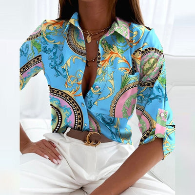 Marie | Dames blouse met geometrisch motief en klassieke kraag