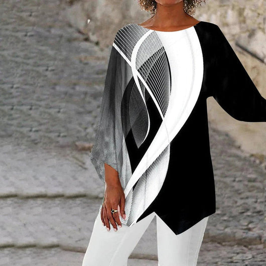Johanna | Dames tuniek met geometrisch dessin, lange mouwen en asymmetrische zoom