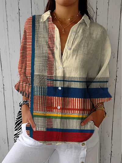 Annika | Dames blouse met geometrisch motief, lange mouwen en knoopsluiting