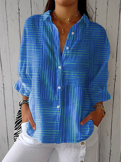 Mia | Dames blouse met geometrische strepen, lange mouwen en V-hals