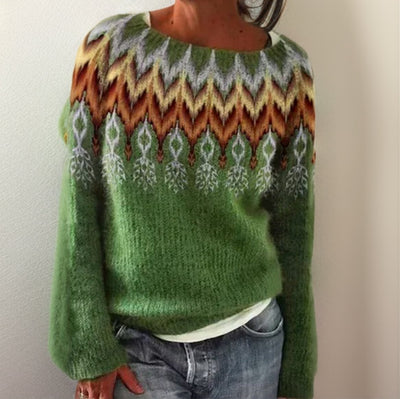 Elfriede | Dames gebreide trui met geometrisch fair isle dessin en ronde hals