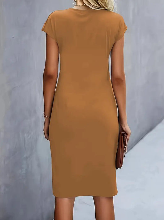 Leonie | Dames gedrapeerde bodycon midi-jurk met korte mouwen