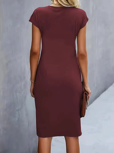 Leonie | Dames gedrapeerde bodycon midi-jurk met korte mouwen