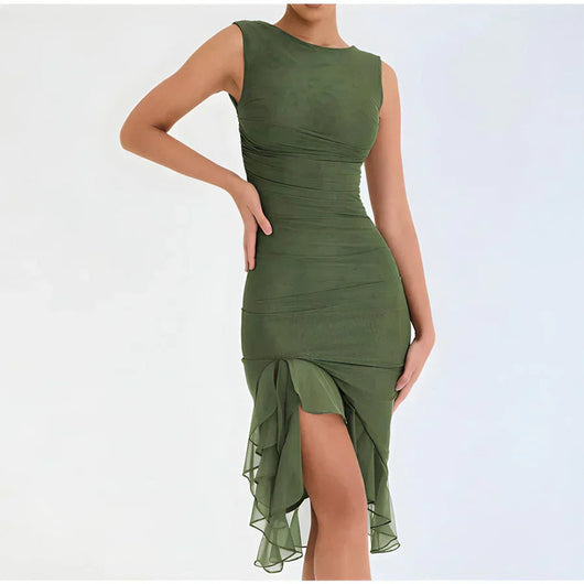 Elfriede | Gedrapeerde dames midijurk met chiffon ruches aan de zoom