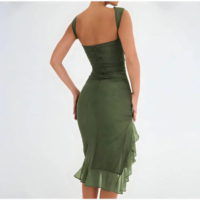 Elfriede | Gedrapeerde dames midijurk met chiffon ruches aan de zoom