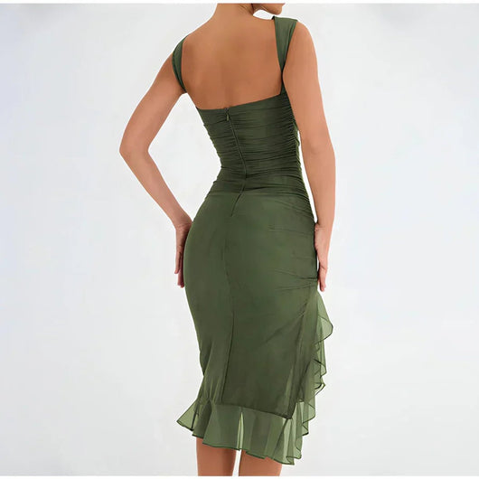 Elfriede | Gedrapeerde dames midijurk met chiffon ruches aan de zoom
