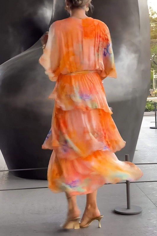 Lena | Dames gelaagde chiffon maxijurk met lange mouwen en V-hals