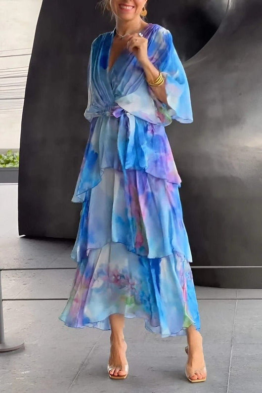 Lena | Dames gelaagde chiffon maxijurk met lange mouwen en V-hals