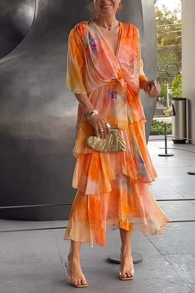 Lena | Dames gelaagde chiffon maxijurk met lange mouwen en V-hals