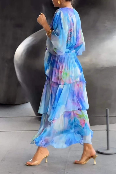 Lena | Dames gelaagde chiffon maxijurk met lange mouwen en V-hals