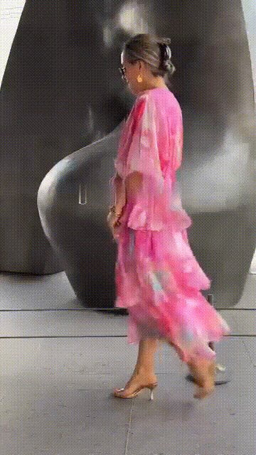 Lena | Dames gelaagde chiffon maxijurk met lange mouwen en V-hals