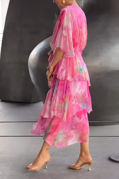 Lena | Dames gelaagde chiffon maxijurk met lange mouwen en V-hals