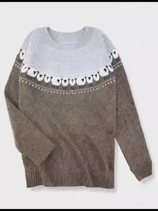 Johanna | Dames grofgebreide trui met schapen-jacquardmotief