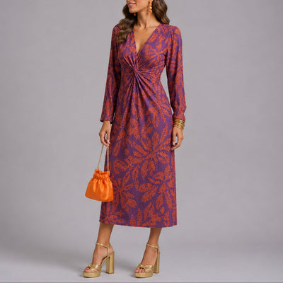 Sophie | Dames boho midijurk met V-hals, twistdetail en bloemdessin
